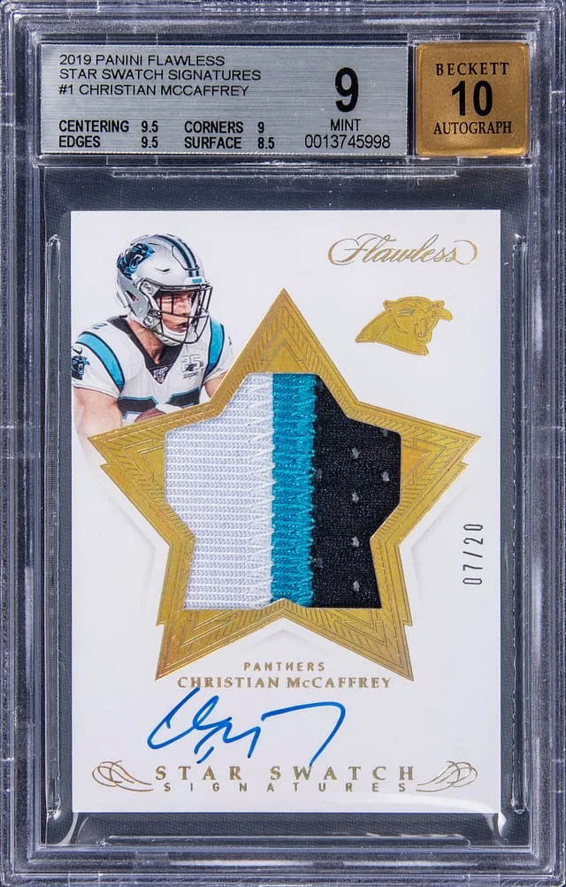 2019-20 Panini Flawless Christian McCaffrey Star Swatch Signatures Gold #CM card image