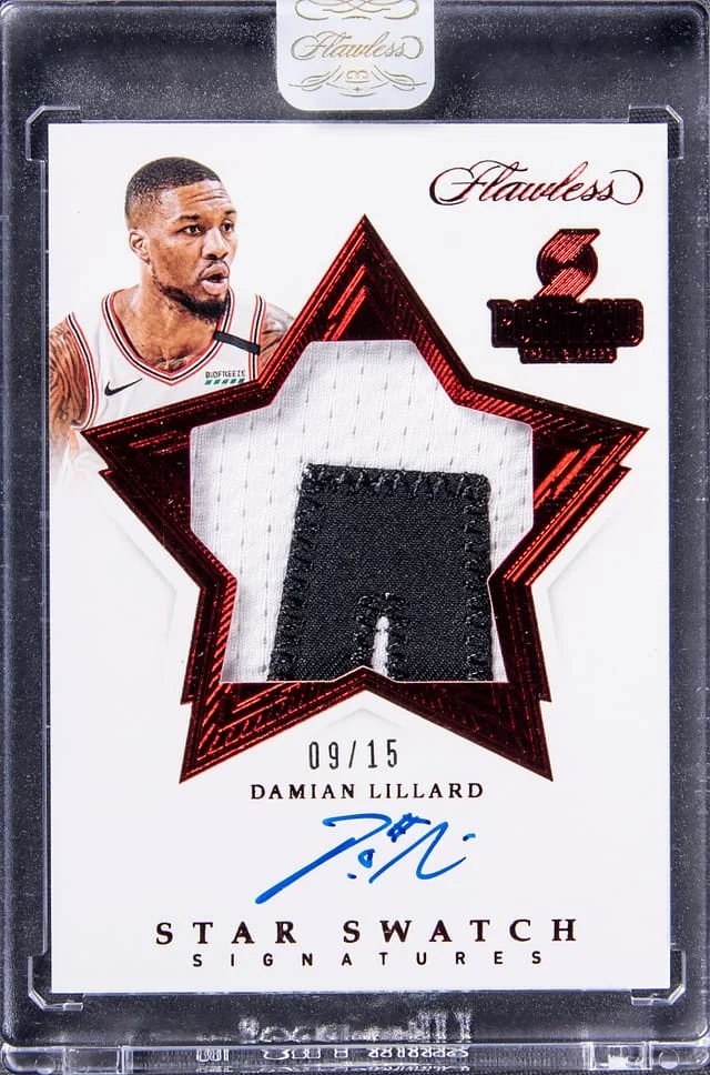 2019-20 Panini Flawless Damian Lillard Star Swatch Signatures Ruby #SW-DLL card image