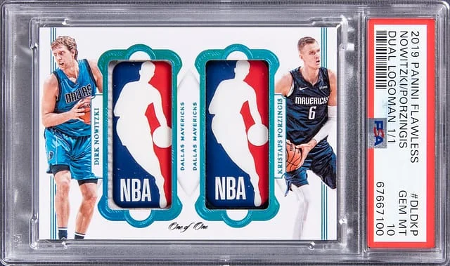 2019-20 Panini Flawless Dirk Nowitzki/Kristaps Porzingis Dual Logoman Platinum #DL-DKP card image
