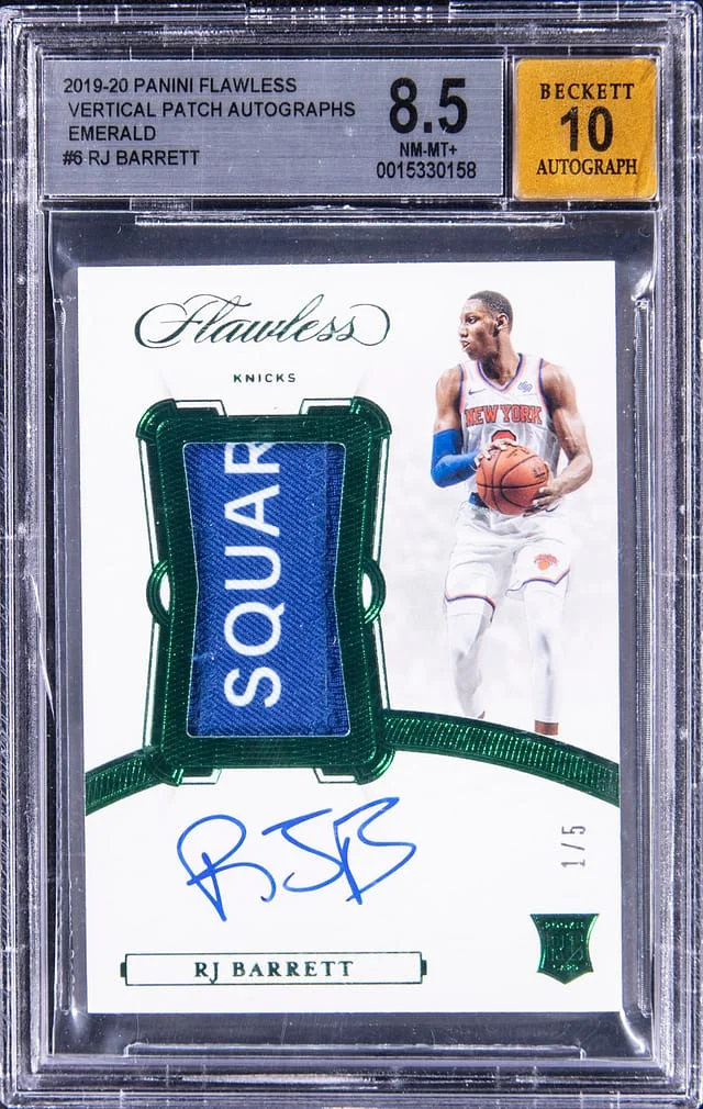 2019-20 Panini Flawless RJ Barrett Vertical Patch Autographs Emerald #VP-RJB card image