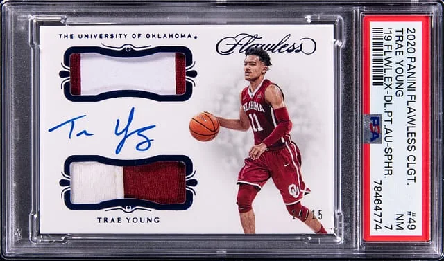 2019-20 Panini Flawless Trae Young Collegiate 2019 Flawless Dual Patch Autograph Sapphire #49 card image