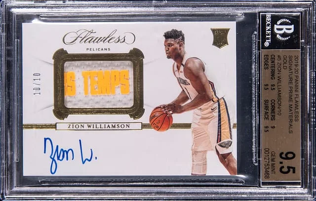 2019-20 Panini Flawless Zion Williamson Signature Prime Materials Gold #5 card image