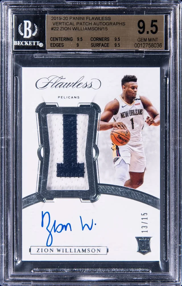 2019-20 Panini Flawless Zion Williamson Vertical Patch Autographs #VP-ZWL card image