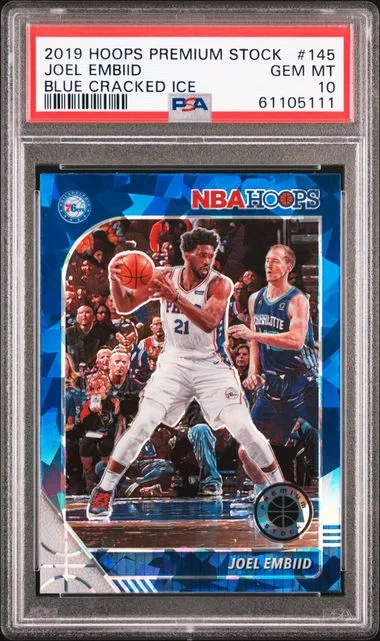 2019-20 Panini Hoops Joel Embiid Blue Cracked Ice #145 card image