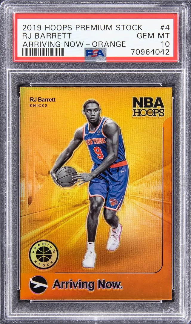 2019-20 Panini Hoops Premium Stock RJ Barrett Arriving Now Orange #4 card image