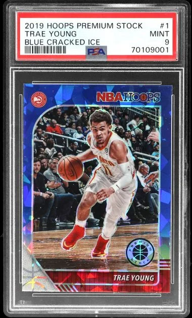 2019-20 Panini Hoops Premium Stock Trae Young Blue Cracked Ice #1 card image