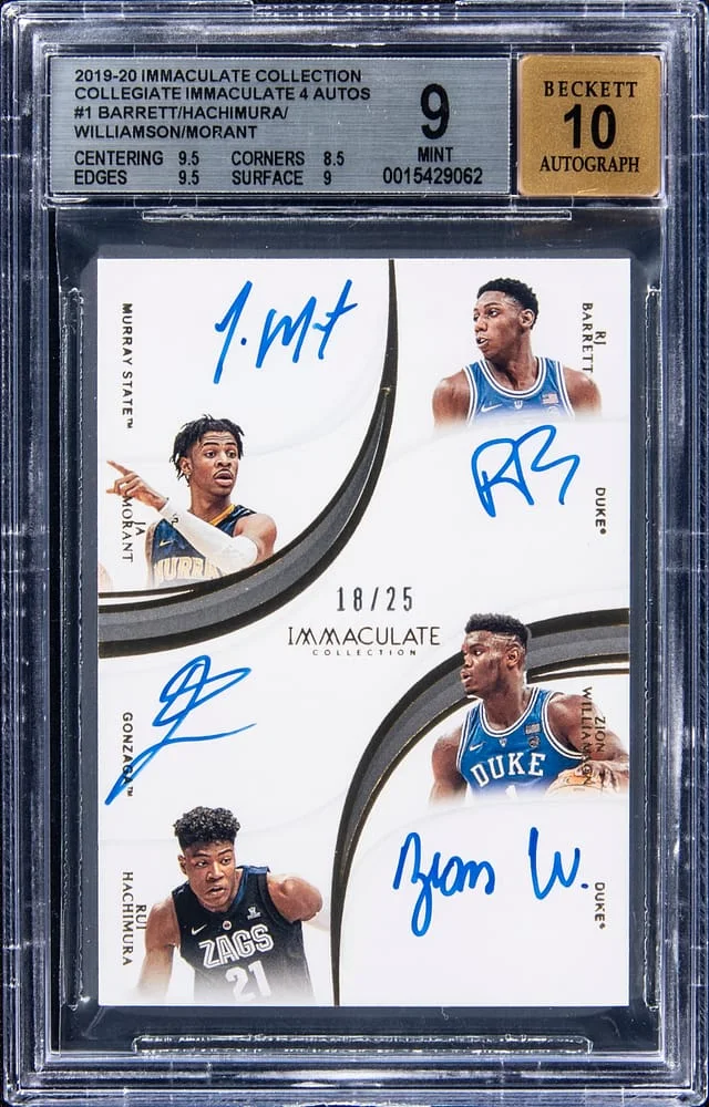 2019-20 Panini Immaculate Collection Ja Morant/RJ Barrett/Rui Hachimura/Zion Williamson Multi-Signed Collegiate Immaculate 4 Autographs #1 card image