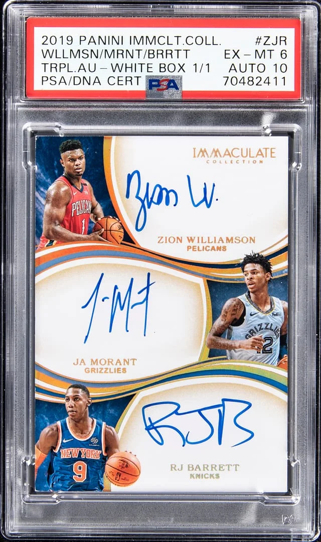 2019-20 Panini Immaculate Collection Zion Williamson/Ja Morant/RJ Barrett Multi-Signed Triple Autograph White Box #TA-ZJR card image