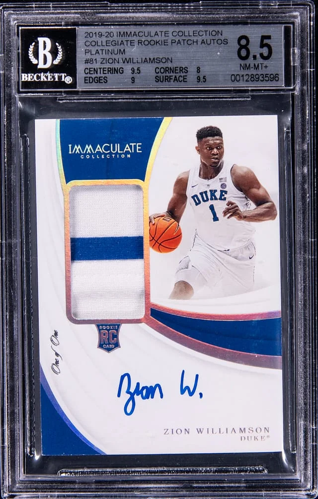 2019-20 Panini Immaculate Zion Williamson Collegiate Patch Autograph (RPA) Platinum #81 card image