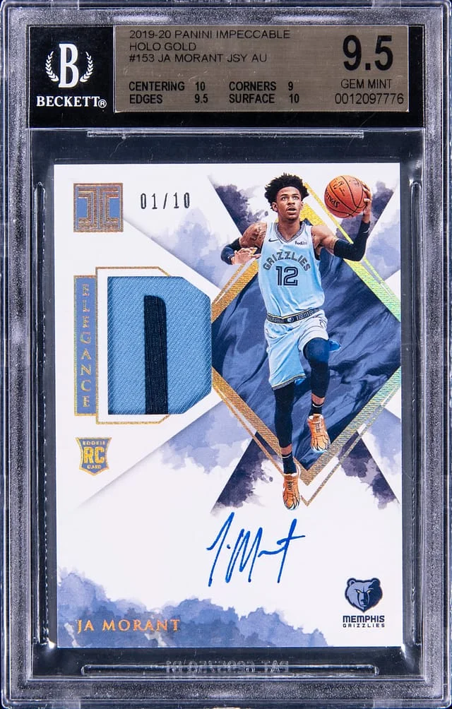2019-20 Panini Impeccable Ja Morant Patch Autograph (RPA) Holo Gold #153 card image
