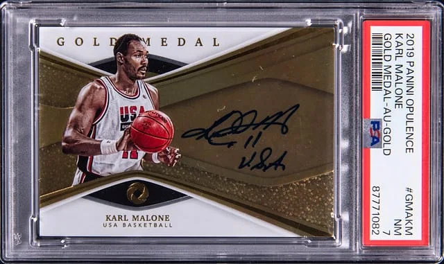 2019-20 Panini Karl Malone Opulence Gold Medal Autographs Gold #GMAKM card image