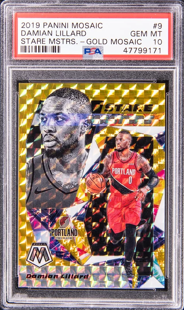 2019-20 Panini Mosaic Damian Lillard Stare Masters Gold Mosaic #9 card image