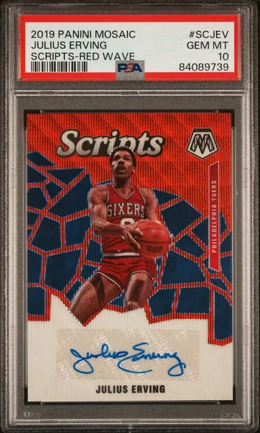 2019-20 Panini Mosaic Julius Erving Scripts Red Wave #SCJEV card image