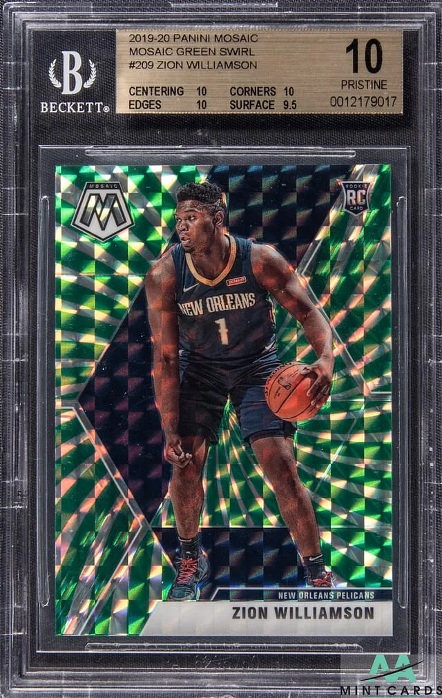 2019-20 Panini Mosaic Zion Williamson – PRISTINE 10 – Pop 1 Green Swirl Mosaic #209 card image