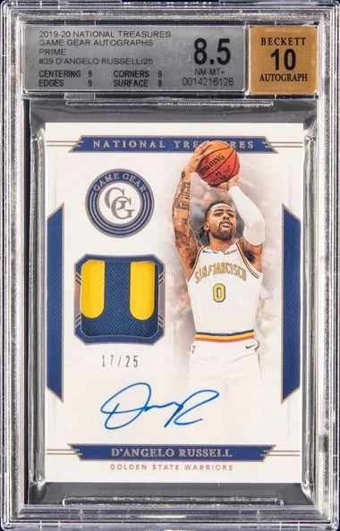 2019-20 Panini National Treasures D'Angelo Russell Game Gear Autographs Prime #GGA-DRS card image