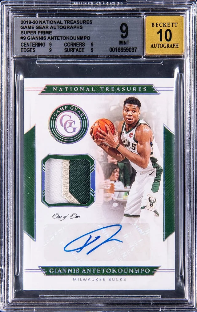 2019-20 Panini National Treasures Giannis Antetokounmpo Game Gear Autographs Super Prime #GGA-GAN card image