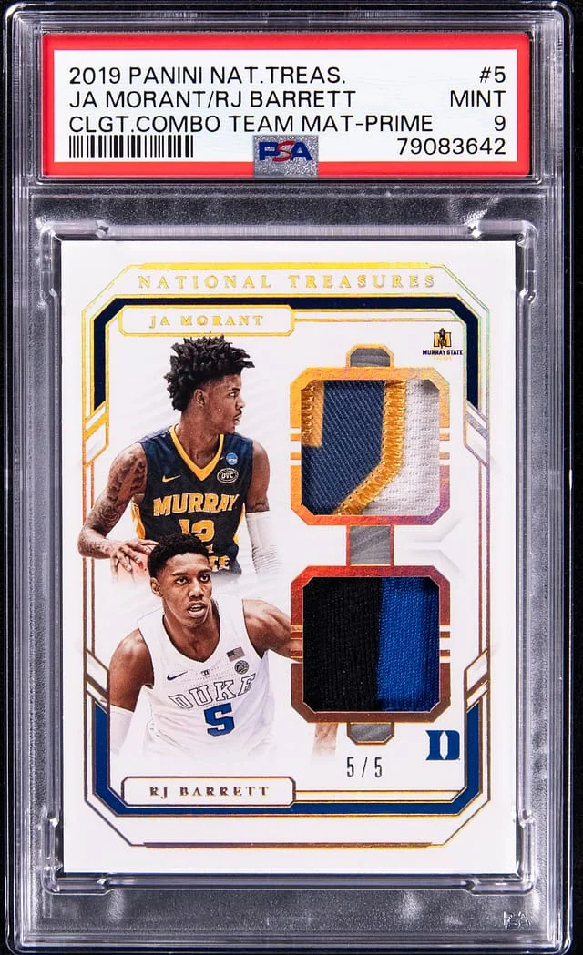 2019-20 Panini National Treasures Ja Morant/RJ Barrett Collegiate Combo Team Material Prime #4 card image