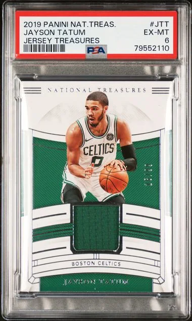 2019-20 Panini National Treasures Jayson Tatum Game-Used Jersey Treasures #JTT card image
