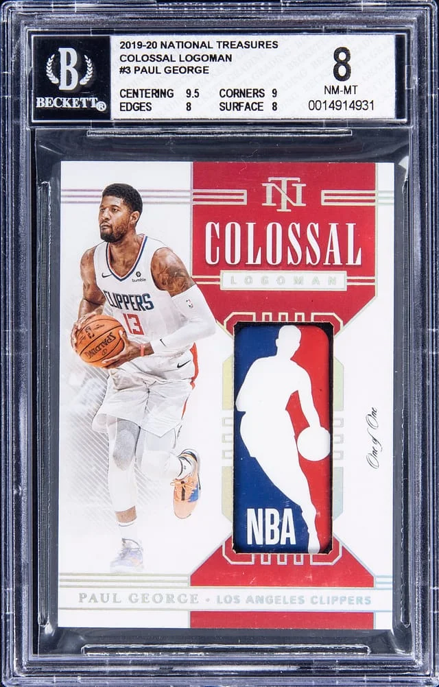 2019-20 Panini National Treasures Paul George Colossal Logoman #CL-PGR card image