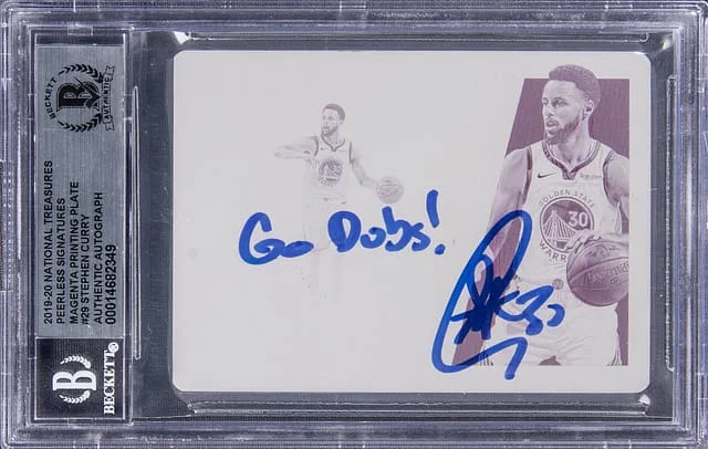 2019-20 Panini National Treasures Stephen Curry Peerless Signatures Magenta Printing Plate #29 card image