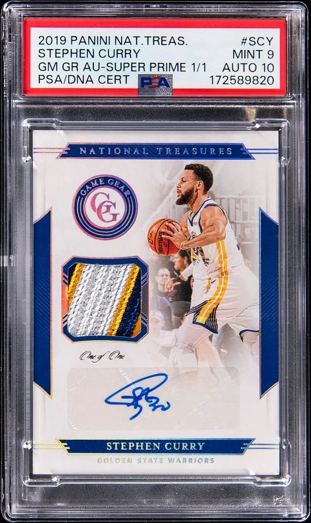 2019-20 Panini National Treasures Stephen Curry Game Gear Autographs Super Prime #GGA-SCY card image