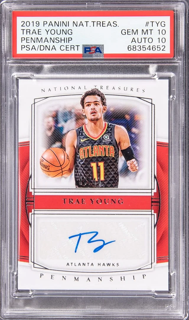 2019-20 Panini National Treasures Trae Young Penmanship #PM-TYG card image