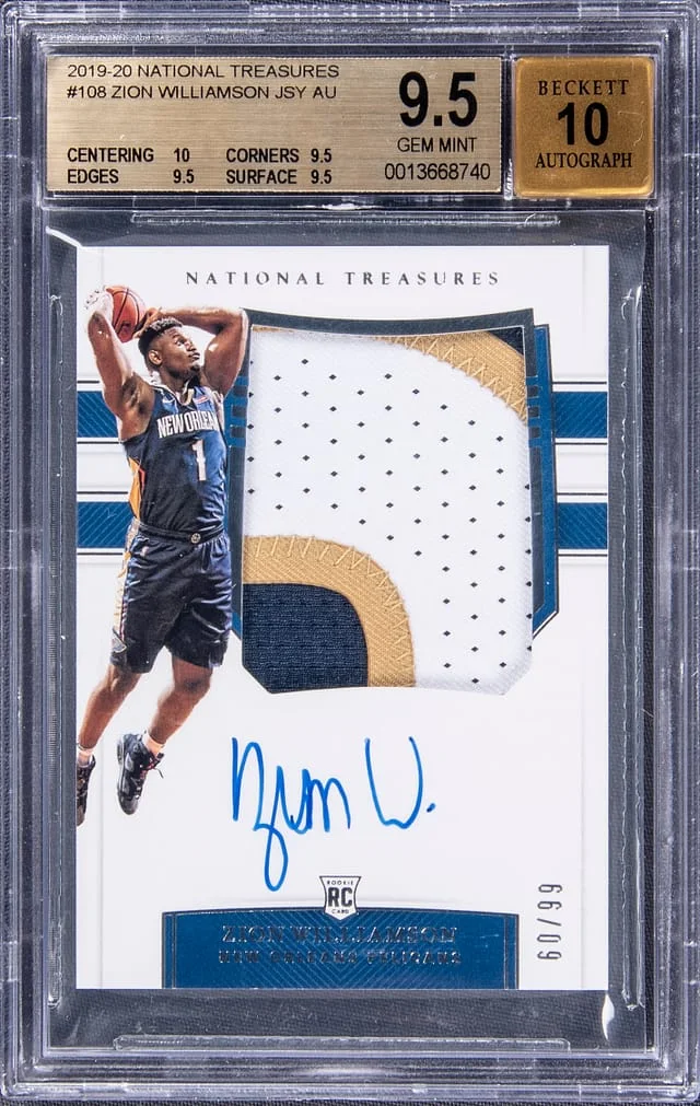 2019-20 Panini National Treasures Zion Williamson Patch Autographs (RPA) Stars & Stripes #108 card image
