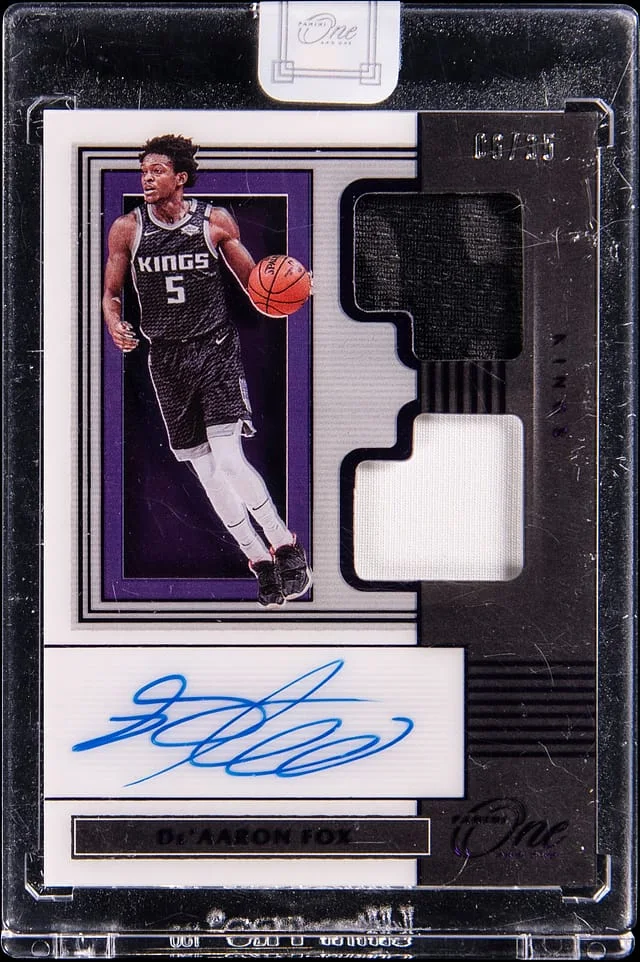 2019-20 Panini One and One De'Aaron Fox Dual Jersey Autographs Purple #DJA-DAF card image