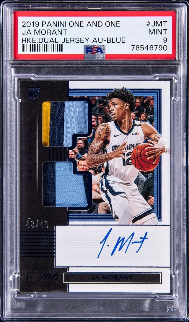 2019-20 Panini One and One Ja Morant Dual Jersey Autograph Blue #RDJA-JMT card image