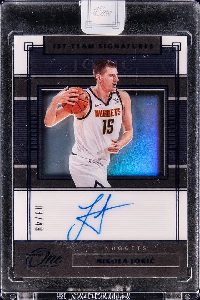 2019-20 Panini One and One Nikola Jokic First-Team Signatures Blue #FT-FJK card image