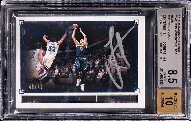 2019-20 Panini One and One Nikola Jokic Timeless Moments Autographs Blue #TM-NJK card image