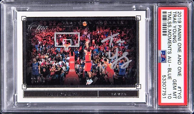 2019-20 Panini One and One Trae Young Timeless Moments Autograph Blue #TM-TYG card image