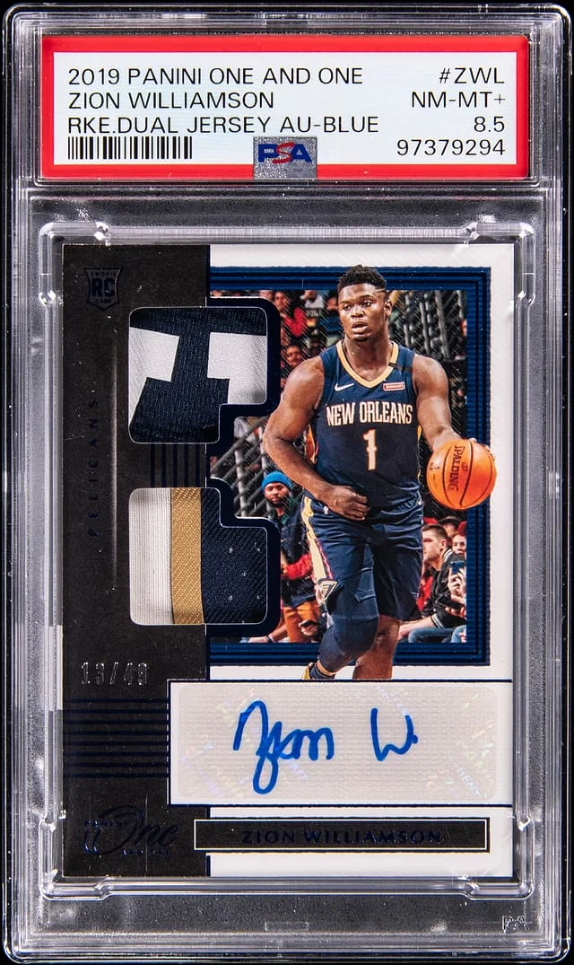2019-20 Panini One and One Zion Williamson Dual Jersey Autographs Blue #RDJA-ZWL card image