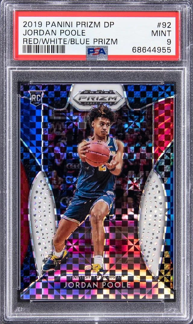 2019-20 Panini Prizm Draft Picks Jordan Poole Red White and Blue Prizm #92 card image