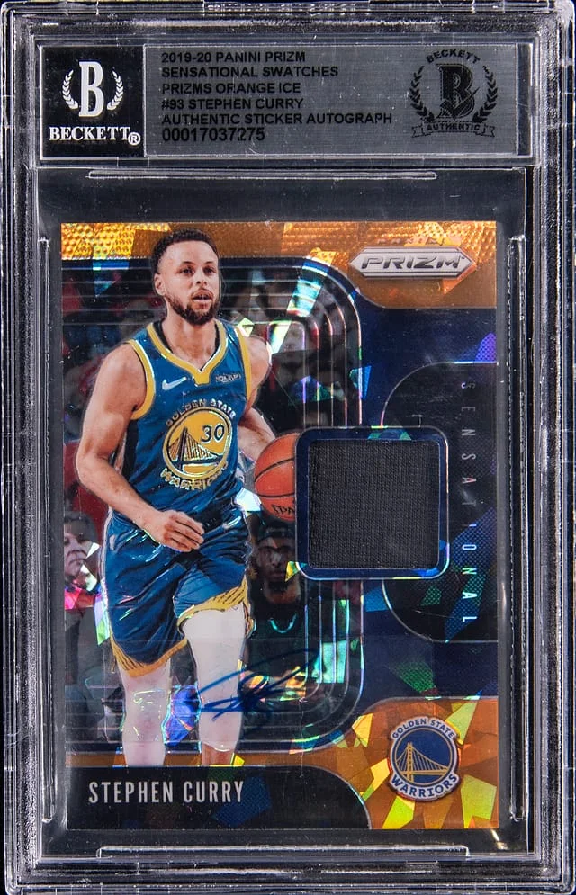 2019-20 Panini Prizm Stephen Curry Sensational Swatches Prizms Orange Ice #SS-SCU card image