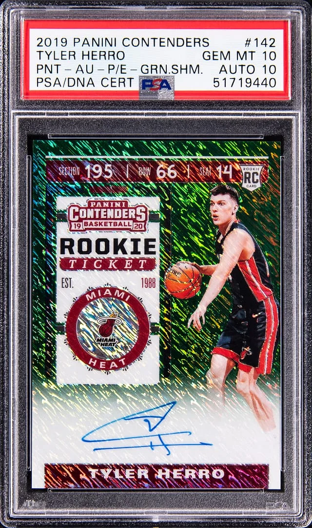 2019-20 Panini Prizm Tyler Herro Contenders PNT Autographs Premium Edition Green Shimmer #142 card image