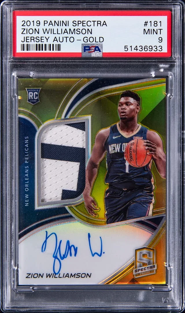 2019-20 Panini Spectra Zion Williamson Patch Autograph (RPA) Gold Prizm #181 card image
