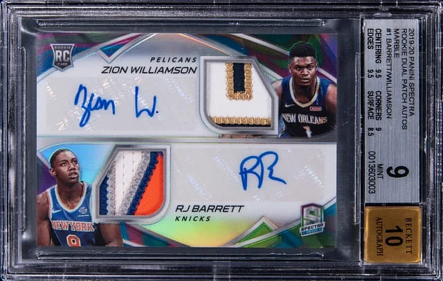 2019-20 Panini Spectra Zion Williamson/RJ Barrett Dual Patch Autographs Marble #RDP-ZR card image