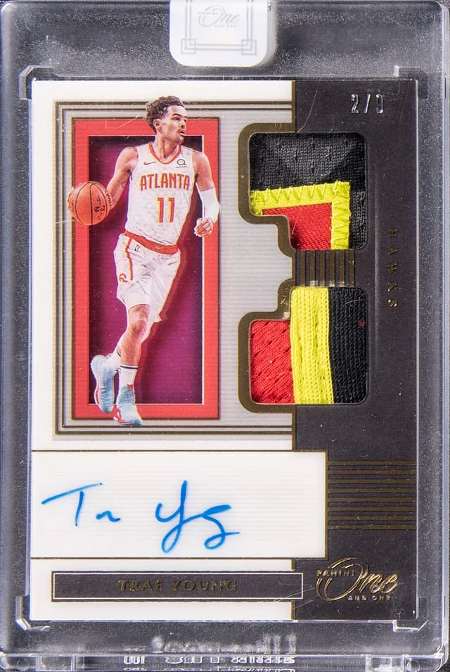 2019-20 Panini Trae Young One Dual Jersey Autographs #DJA-TYG card image