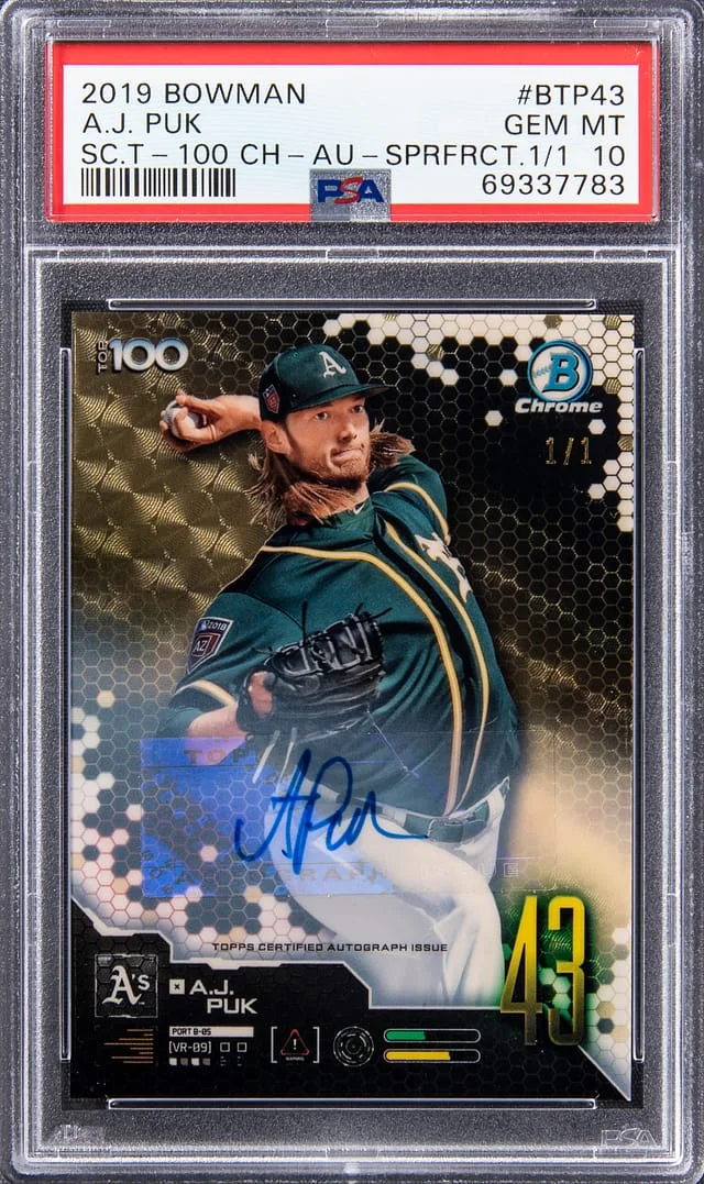 2019 Bowman A.J. Puk Scouts' Top 100 Chrome Autographs SuperFractor #BTP-43 card image