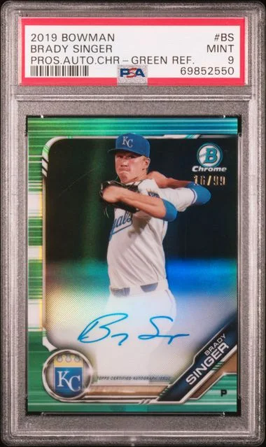 2019 Bowman Brady Singer Prospect Autographs Chrome Green Refractor #CPA-BS card image