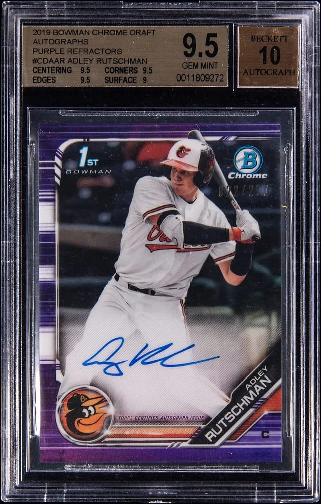 2019 Bowman Chrome Adley Rutschman Autographs Purple Refractor #CDA-AR card image