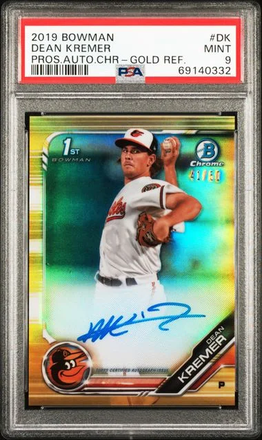 2019 Bowman Chrome Dean Kremer Prospect Autographs Gold Refractor #CPA-DK card image