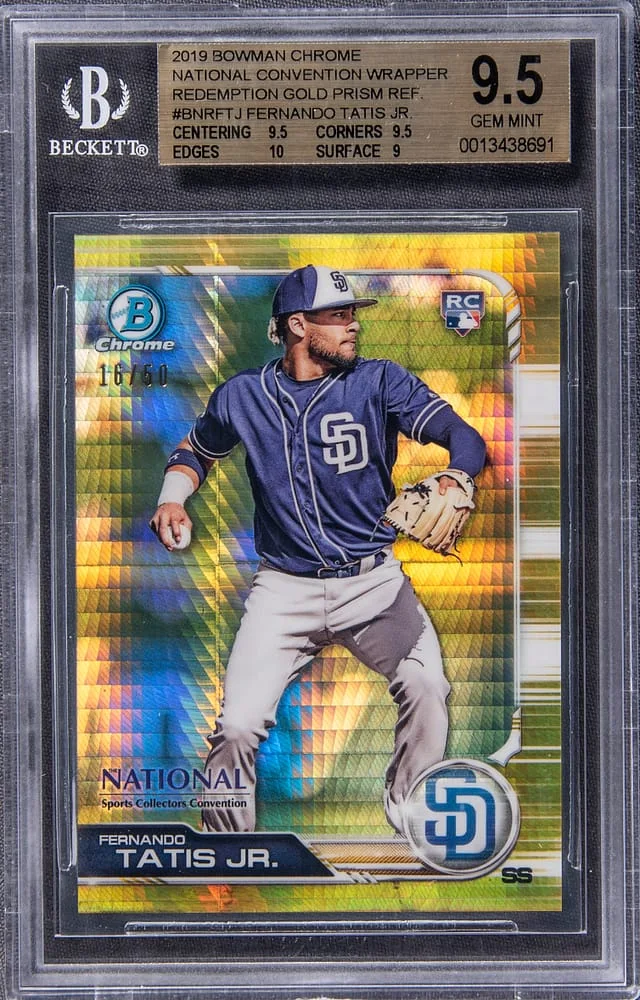 2019 Bowman Chrome Fernando Tatis Jr National Convention Wrapper Redemption Gold Prism Refractor #BNR-FTJ card image
