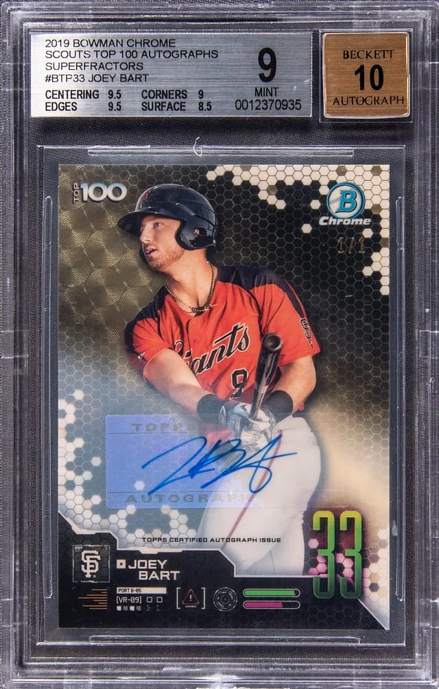 2019 Bowman Chrome Joey Bart Scouts Top 100 Autograph Superfractor #33 card image
