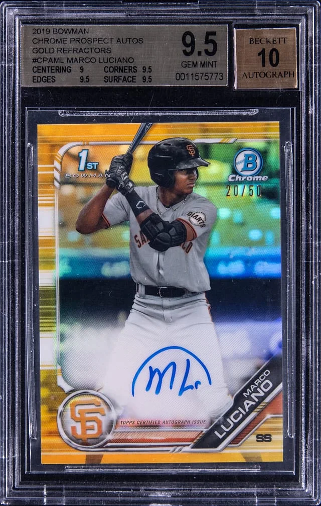 2019 Bowman Chrome Marco Luciano Prospect Autographs Gold Refractor #CPA-ML card image