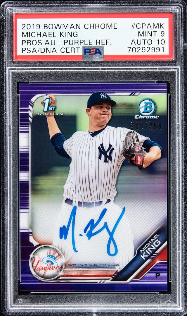 2019 Bowman Chrome Michael King Prospect Autographs Purple Refractor #CPAMK card image