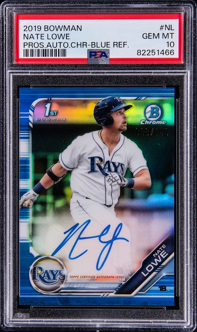 2019 Bowman Chrome Nate Lowe Prospect Autographs Blue Refractors #CPA-NL card image