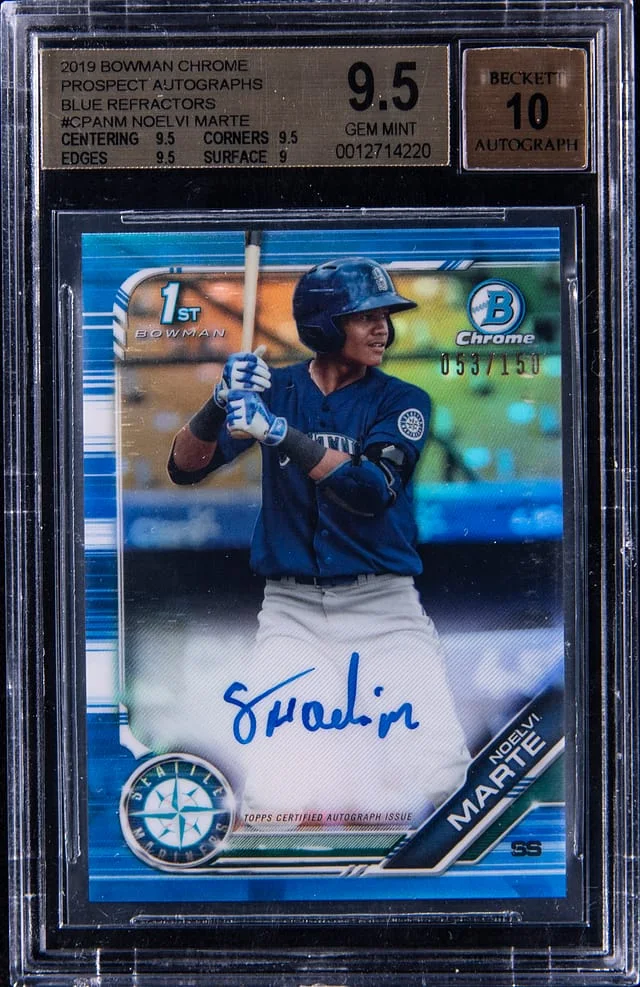 2019 Bowman Chrome Noelvi Marte Prospect Autographs Blue Refractor #CPANM card image