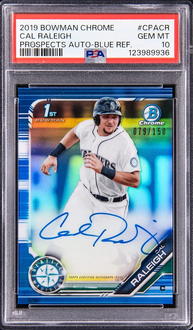 2019 Bowman Chrome Prospects Cal Raleigh Autographs Blue Refractors #CPACR card image